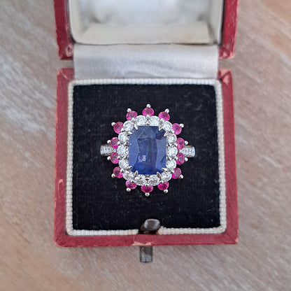 3.73ct Sri Lanka Sapphire Ruby and Diamond Cluster Dress Ring in Platinum