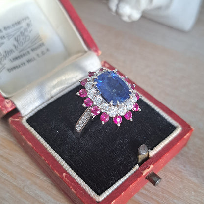 3.73ct Sri Lanka Sapphire Ruby and Diamond Cluster Dress Ring in Platinum