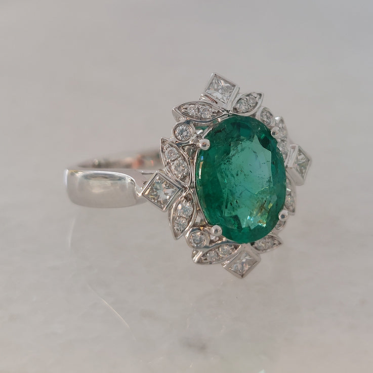 2.14ct Oval Zambian Emerald and Diamond Floral Cluster Ring
