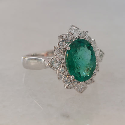 2.14ct Oval Zambian Emerald and Diamond Floral Cluster Ring