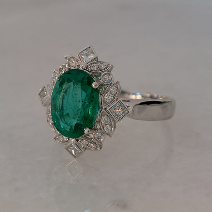 2.14ct Oval Zambian Emerald and Diamond Floral Cluster Ring