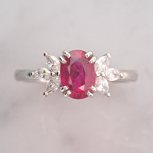 1.13ct Natural No Heat Ruby and Marquise Diamond Engagement Ring, oval 1.13ct natural untreated ruby flanked either side by three marquise-cut diamonds in platinum