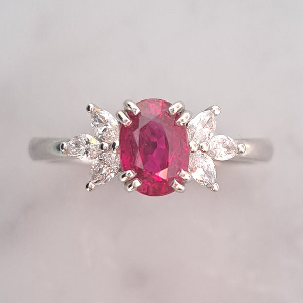 1.13ct Natural No Heat Ruby and Marquise Diamond Engagement Ring, oval 1.13ct natural untreated ruby flanked either side by three marquise-cut diamonds in platinum