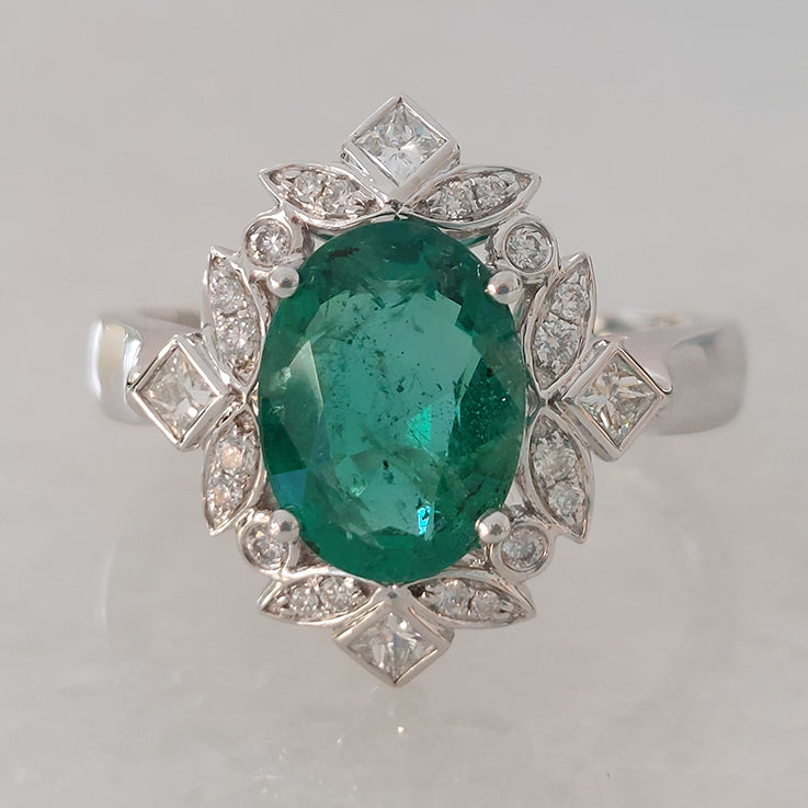 2.14ct Oval Zambian Emerald and Diamond Floral Cluster Ring