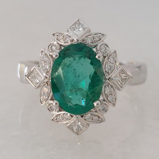 2.14ct Oval Zambian Emerald and Diamond Floral Cluster Ring