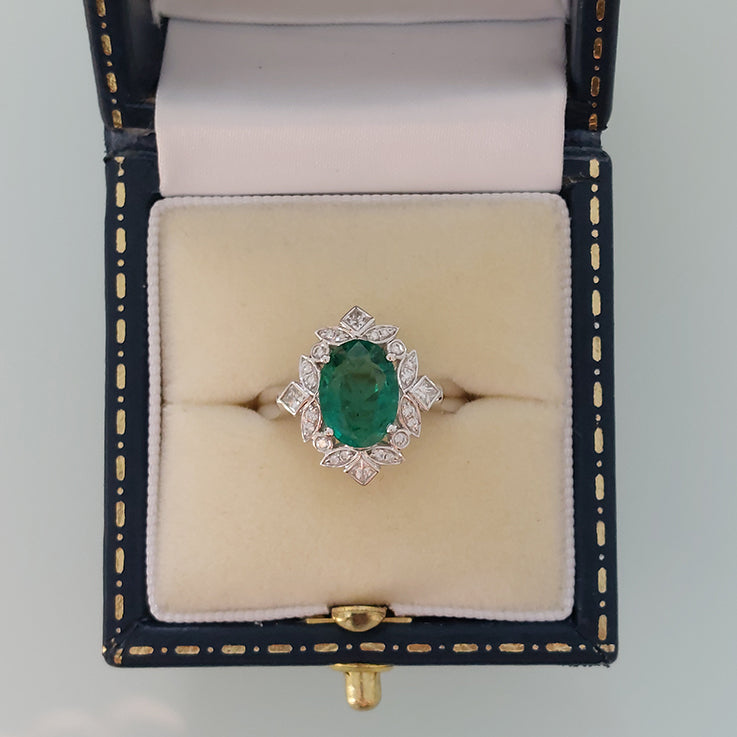 2.14ct Oval Zambian Emerald and Diamond Floral Cluster Ring