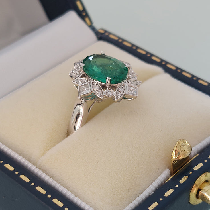 2.14ct Oval Zambian Emerald and Diamond Floral Cluster Ring