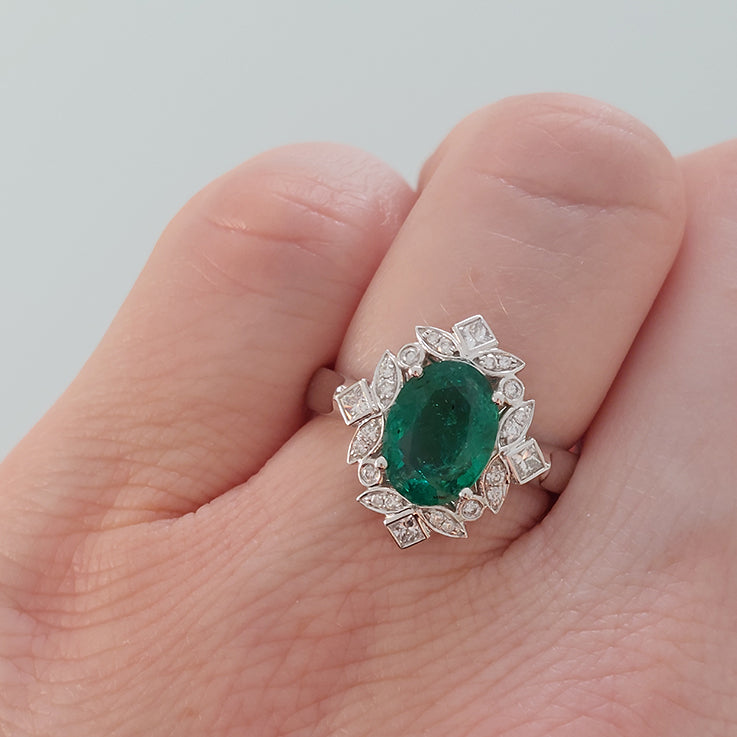 2.14ct Oval Zambian Emerald and Diamond Floral Cluster Ring