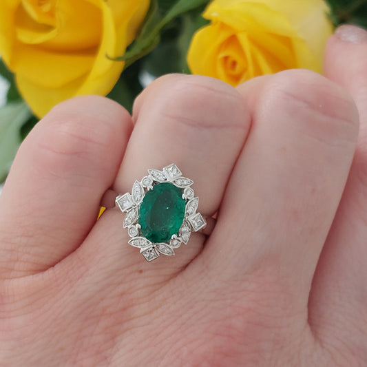 2.14ct Oval Zambian Emerald and Diamond Floral Cluster Ring