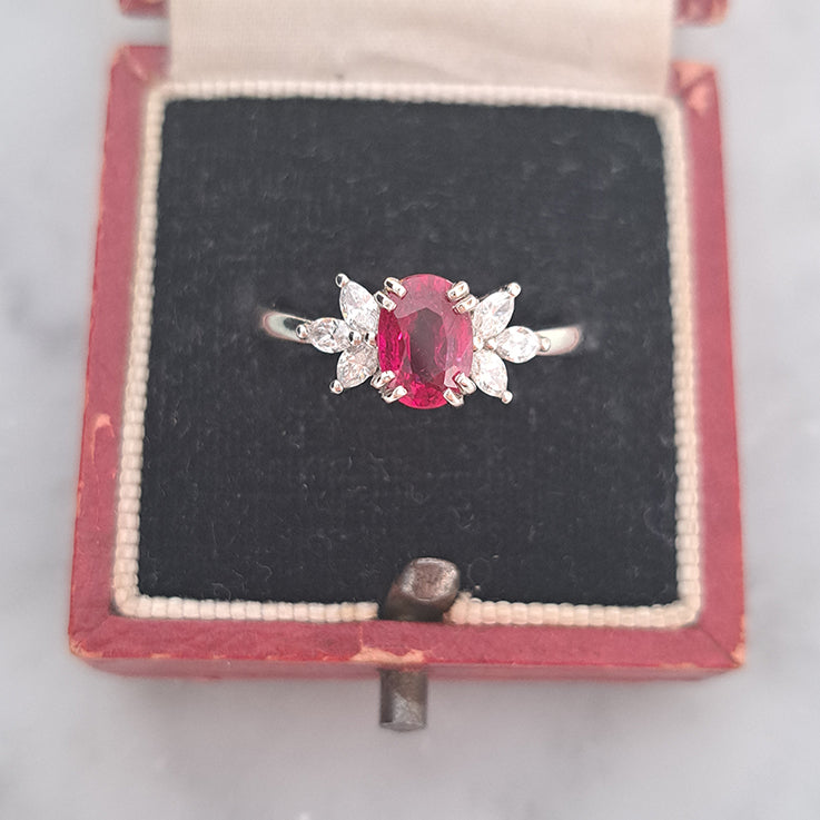 1.13ct Natural No Heat Ruby and Marquise Diamond Engagement Ring in Platinum