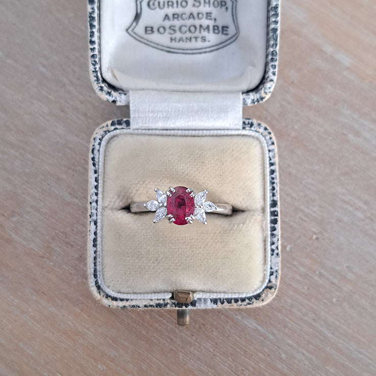 1.13ct Natural No Heat Ruby and Marquise Diamond Engagement Ring in Platinum