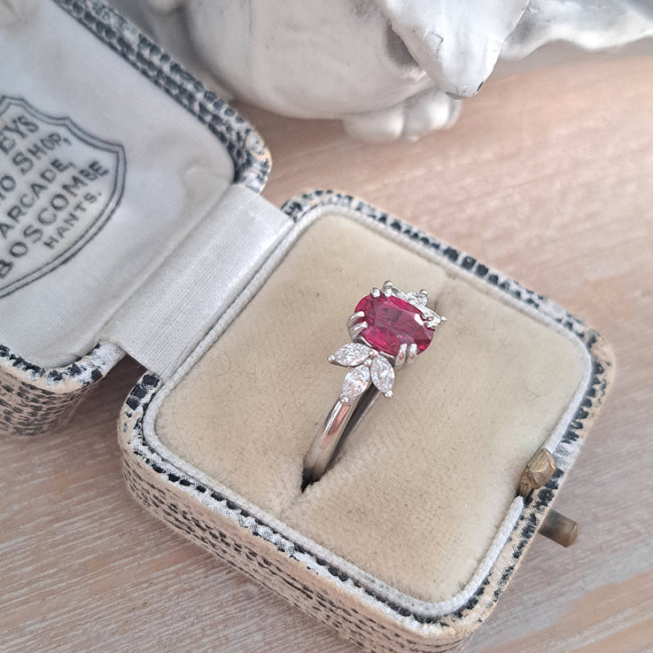 1.13ct Natural No Heat Ruby and Marquise Diamond Engagement Ring in Platinum