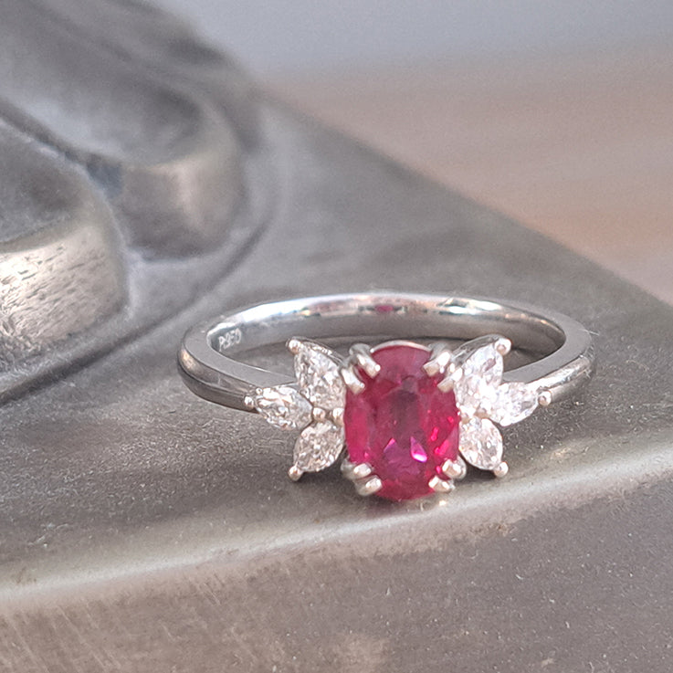 1.13ct Natural No Heat Ruby and Marquise Diamond Engagement Ring in Platinum