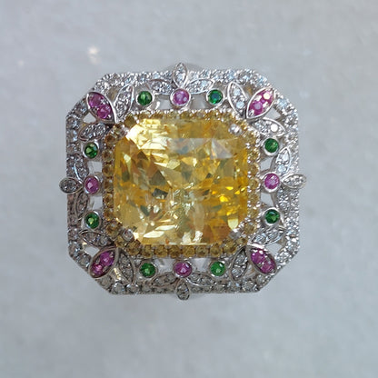 8.15ct Octagonal Step Cut No Heat Yellow Sapphire and Diamond Cluster Dress Ring with Emeralds and Pink Sapphires