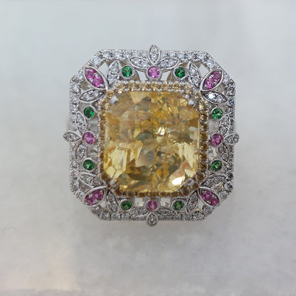 8.15ct Octagonal Step Cut No Heat Yellow Sapphire and Diamond Cluster Dress Ring with Emeralds and Pink Sapphires