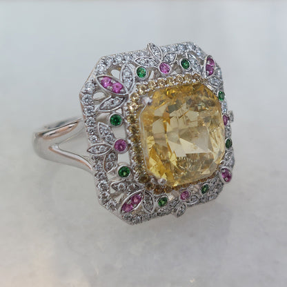8.15ct Octagonal Step Cut No Heat Yellow Sapphire and Diamond Cluster Dress Ring with Emeralds and Pink Sapphires