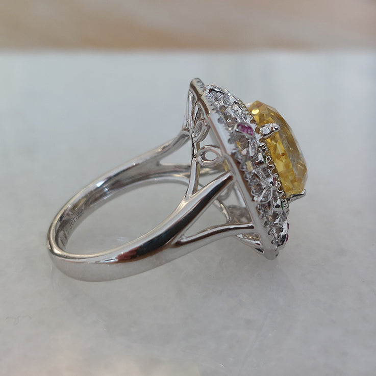 8.15ct Octagonal Step Cut No Heat Yellow Sapphire and Diamond Cluster Dress Ring with Emeralds and Pink Sapphires