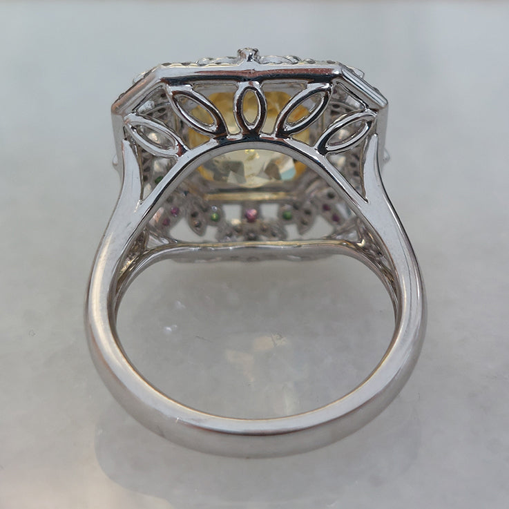 8.15ct Octagonal Step Cut No Heat Yellow Sapphire and Diamond Cluster Dress Ring with Emeralds and Pink Sapphires