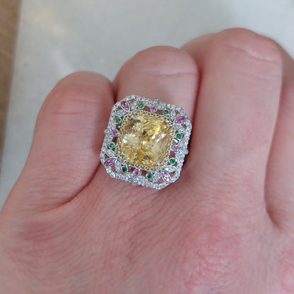 8.15ct Octagonal Step Cut No Heat Yellow Sapphire and Diamond Cluster Dress Ring with Emeralds and Pink Sapphires