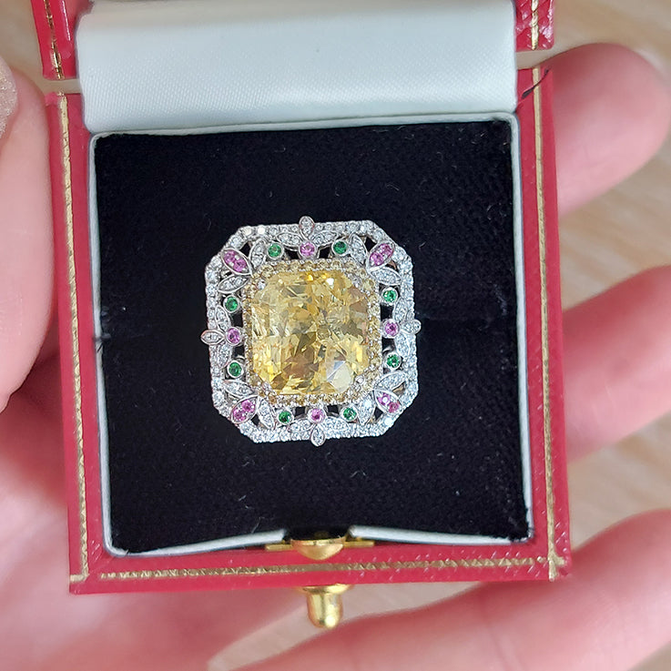 8.15ct Octagonal Step Cut No Heat Yellow Sapphire and Diamond Cluster Dress Ring with Emeralds and Pink Sapphires