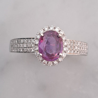 GIA Certified 1.10ct Natural No Heat Pink Sapphire and Diamond Cluster Engagement Ring in 18ct white gold with three rows of diamonds to the shoulders