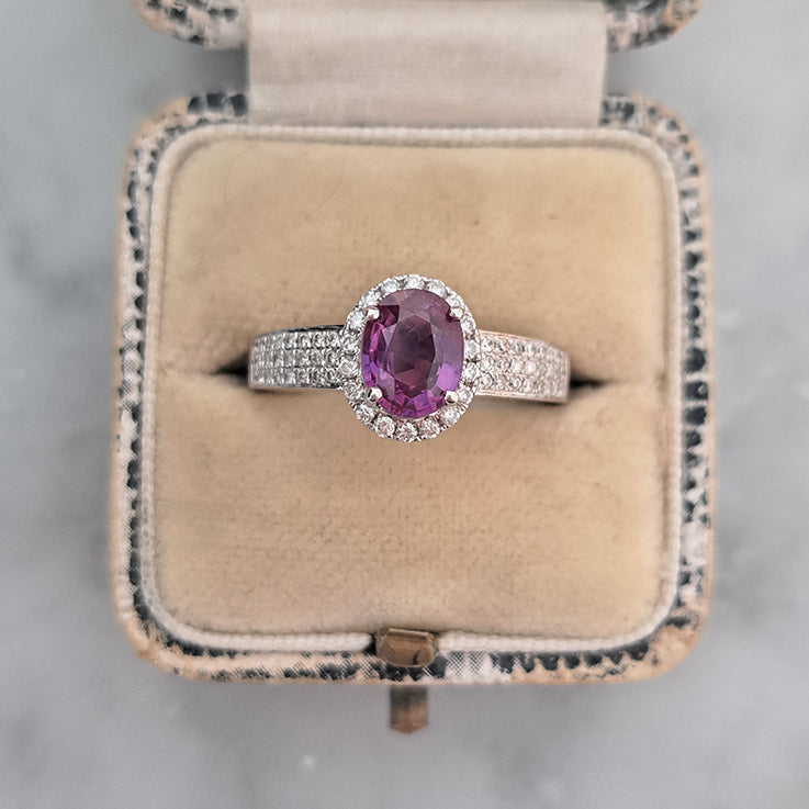 GIA Certified 1.10ct Natural No Heat Pink Sapphire and Diamond Halo Cluster Engagement Ring