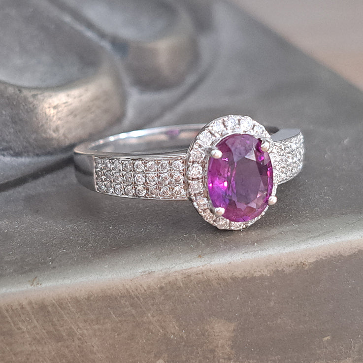 GIA Certified 1.10ct Natural No Heat Pink Sapphire and Diamond Halo Cluster Engagement Ring