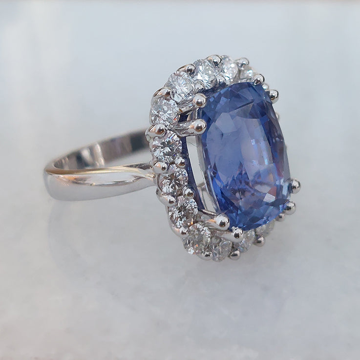 Certified 8.77ct Sri Lanka No Heat Sapphire and Diamond Cluster Ring in 18ct White Gold