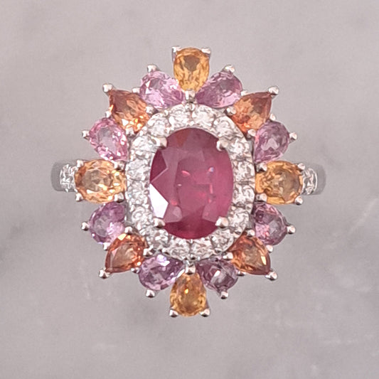 1.19ct Natural No Heat Ruby Sapphire and Diamond Cluster Dress Ring with pink purple orange sapphires