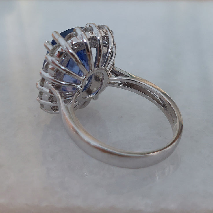 Certified 8.77ct Sri Lanka No Heat Sapphire and Diamond Cluster Ring in 18ct White Gold