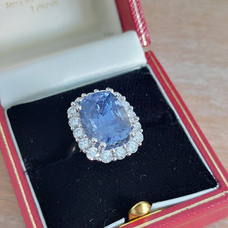 Certified 8.77ct Natural Sri Lanka No Heat Sapphire and Diamond Cluster Ring