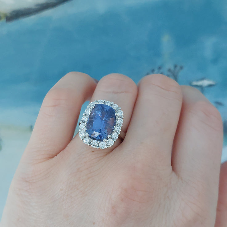 8.77ct Sri Lanka No Heat Sapphire and Diamond Cluster Ring with certificate