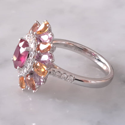 1.19ct Natural No Heat Ruby Sapphire and Diamond Cluster Dress Ring with pink purple orange sapphires