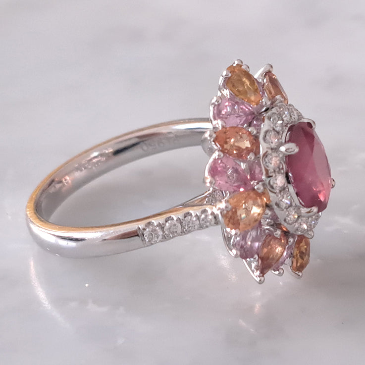 1.19ct Natural No Heat Ruby Sapphire and Diamond Cluster Dress Ring with pink purple orange sapphires