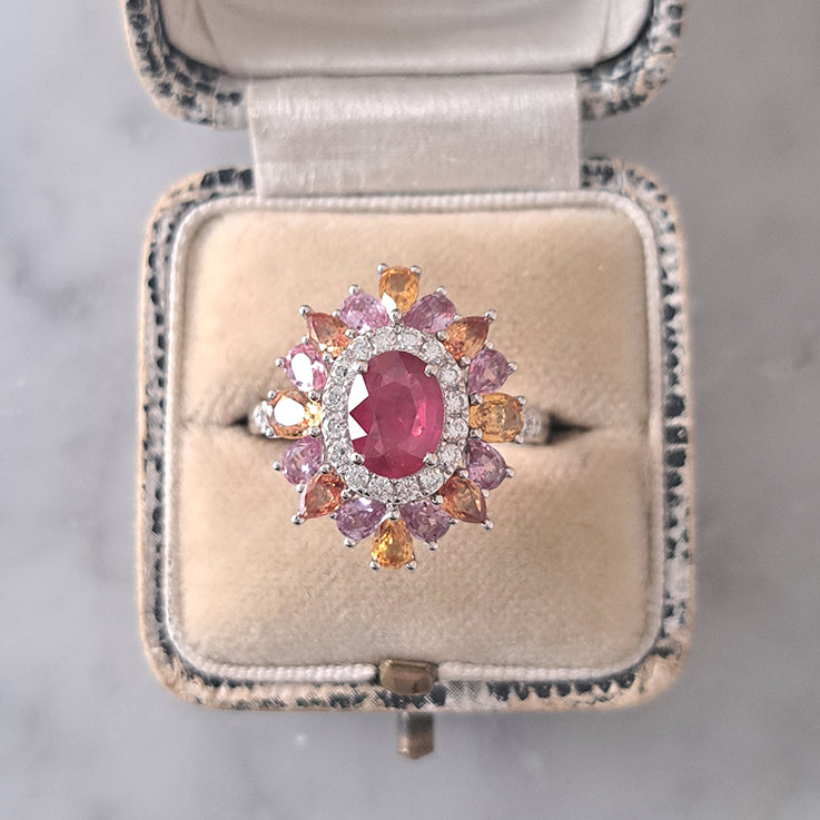 1.19ct Natural No Heat Ruby Sapphire and Diamond Cluster Dress Ring with pink purple orange sapphires