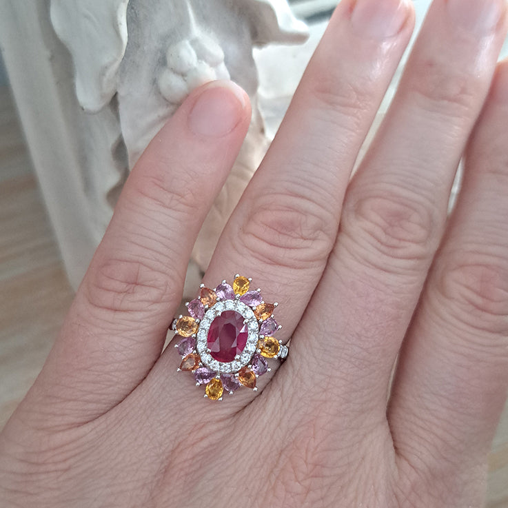 1.19ct Natural No Heat Ruby Sapphire and Diamond Cluster Dress Ring with pink purple orange sapphires