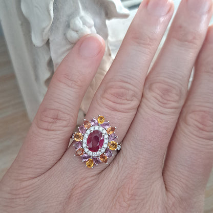 1.19ct Natural No Heat Ruby Sapphire and Diamond Cluster Dress Ring with pink purple orange sapphires