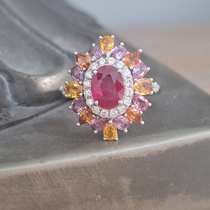 1.19ct Natural No Heat Ruby Sapphire and Diamond Cluster Dress Ring with pink purple orange sapphires
