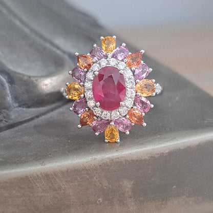 1.19ct Natural No Heat Ruby Sapphire and Diamond Cluster Dress Ring with pink purple orange sapphires
