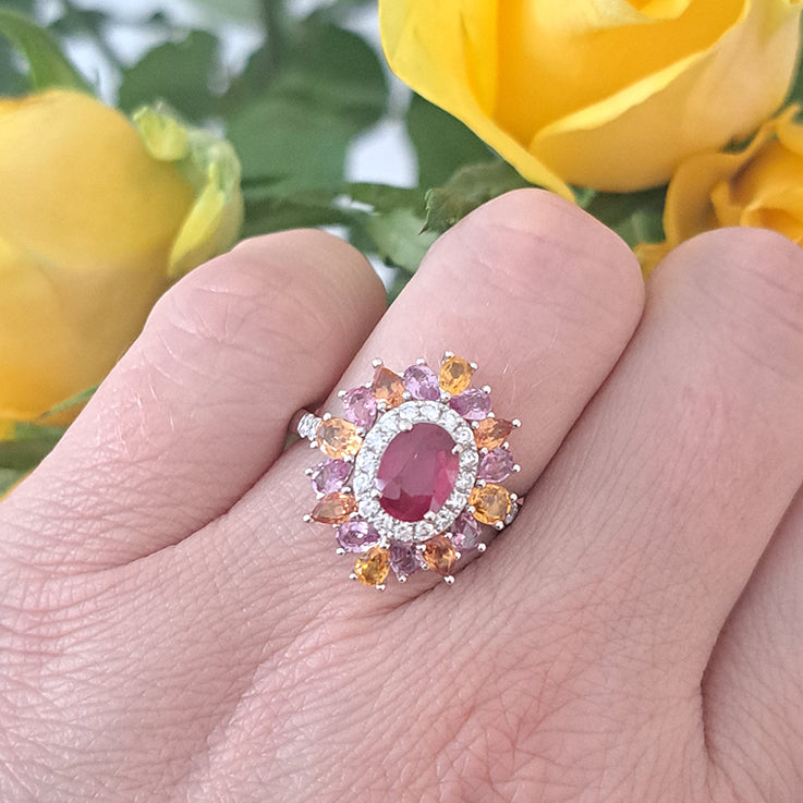 1.19ct Natural No Heat Ruby Sapphire and Diamond Cluster Dress Ring with pink purple orange sapphires