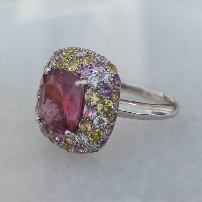 3.10ct Natural No Heat Padparadscha Sapphire Diamond Cluster Ring in Platinum, with diamonds yellow sapphires and pinks sapphires