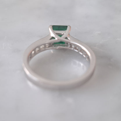 1.15ct Princess Cut Colombian Emerald Solitaire Ring with Princess Cut Diamond Shoulders in 18ct white gold