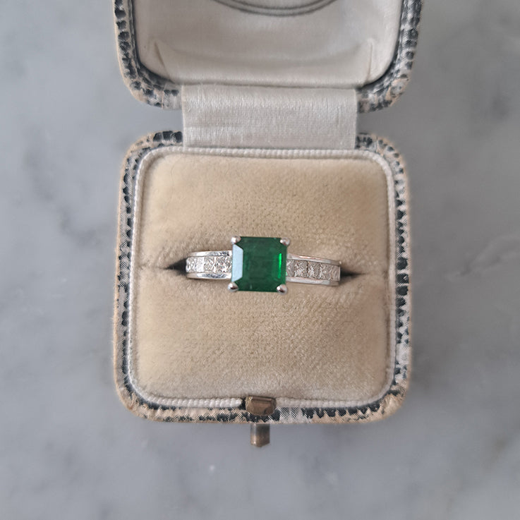 1.15ct Square Cut Colombian Emerald Solitaire Engagement Ring with Princess Cut Diamond Shoulders in 18ct white gold