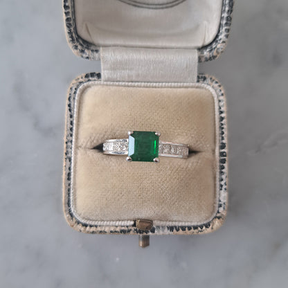 1.15ct Square Cut Colombian Emerald Solitaire Engagement Ring with Princess Cut Diamond Shoulders in 18ct white gold