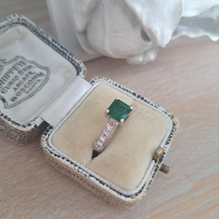 1.15ct Square Cut Colombian Emerald Solitaire Engagement Ring with Princess Cut Diamond Shoulders in 18ct white gold