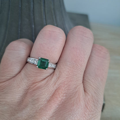 1.15ct Square Cut Colombian Emerald Solitaire Engagement Ring with Princess Cut Diamond Shoulders in 18ct white gold