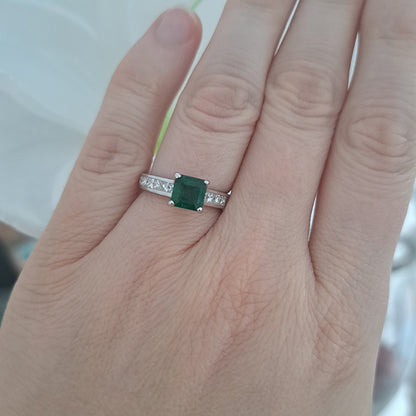 1.15ct Princess Cut Colombian Emerald Solitaire Engagement Ring with Princess Cut Diamond Shoulders in 18ct white gold