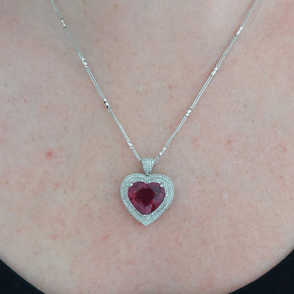 9.86ct Heart Cut Rubellite Red Tourmaline and Diamond Cluster Pendant Necklace