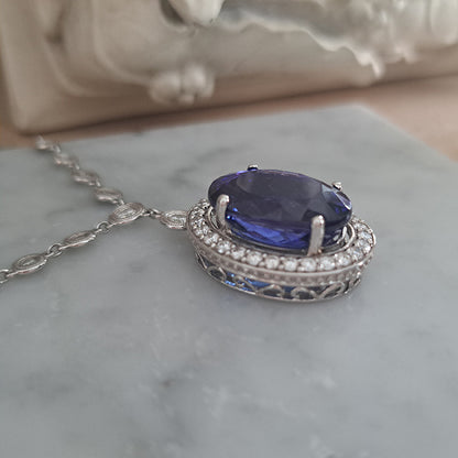 Fine 18.41ct Oval Tanzanite and Diamond Cluster Pendant Necklace on Diamond Set Chain
