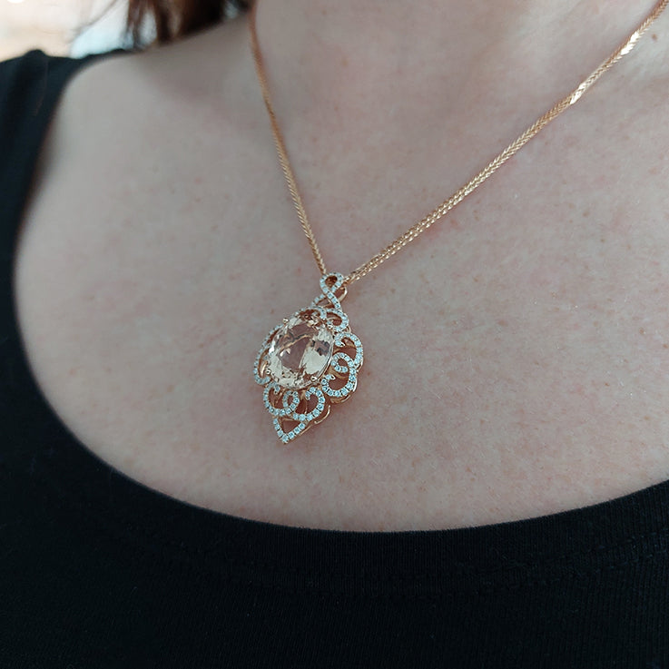 8.55ct Oval Morganite and Diamond Cluster Pendant Necklace in 18ct Rose Gold